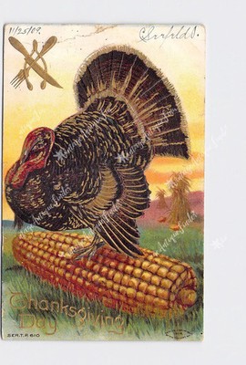 PPC Postcard Thanksgiving Day Turkey Corn Wishbone Knife Fork Gold Embossed