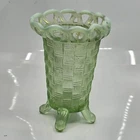 Fenton Glass BASKETWEAVE Uranium Green Opalescent Open Edge 4-Toed 5" BUD Vase