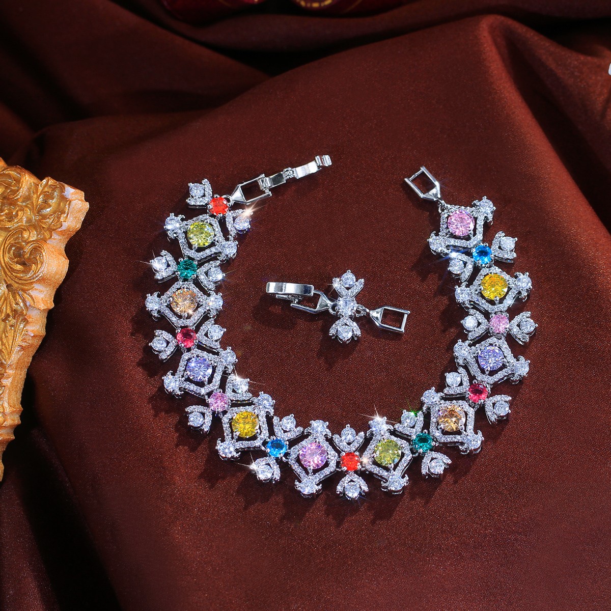 Exquisite Silver Plated Multicolor Cubic Zirconia Wide Tennis Bracelet for Women