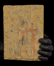 Ancient Egyptian Wall Relief Pharaoh with Isis and Nekhbet Giving Blessing BC