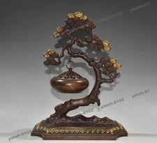 Antique Gilded Purple Copper Incense Burner, Wealth Pine Tree Hanging Censer 9''