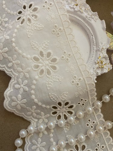 2 iarde beige ispirazione vintage cotone ricamato bordo pizzo, occhiello, smerlato - Foto 6 di 7