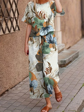 Women's 2-Piece Tropical Floral Short Sleeve Top Wide Leg Pants Set S M