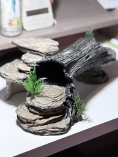 Resin Aquarium Rock Cave Hideout Ornament w/ Driftwood Log  Plants Gray