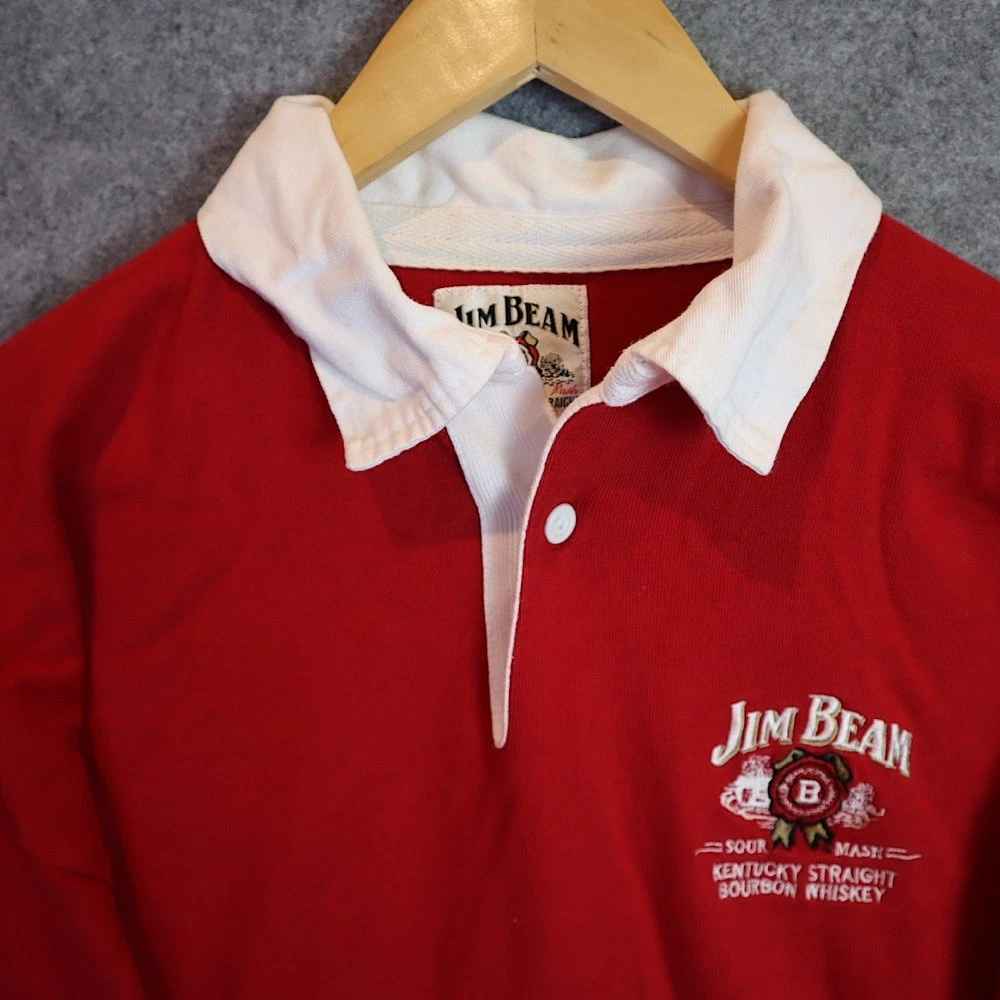 Vintage Jim Beam Rugby Shirt Mens XL Red White Collar Bourbon Whiskey Promo