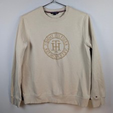 Tommy Hilfiger Sweatshirt Womens M Beige w/ Gold Embroidered Big Logo EUC