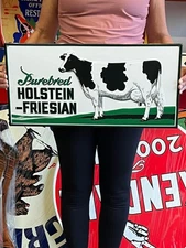 Vintage Anitque Old Style Metal Sign Holstein Dairy Cow 24x12 Made in USA