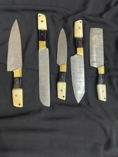 Custom Handmade Damascus Steel Chef Knife Set  5 Pc with Bone & Brass Handle.