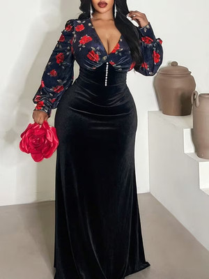 Plus Size Velvet Deep V Floral Maxi 1XL 3XL Retro Elegant Winter Chic