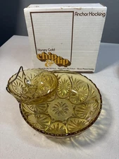 Vintage Anchor Hocking Honey Gold 3 Piece Chip & Dip Set American Original w/box