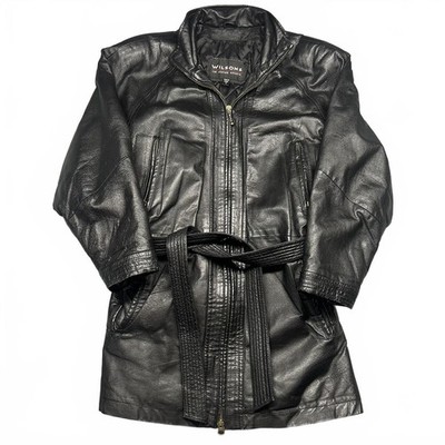 Wilson's Black Leather Belted Coat Jacket Size M