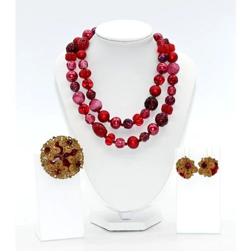 Miriam Haskell Red Pink Glass Bead Necklace Brooch Earrings Set Signed Vintage