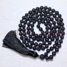 6/8/10/12mm Natural Black Lava Stone Round Gems 108 Prayer Beads Tassel Necklace