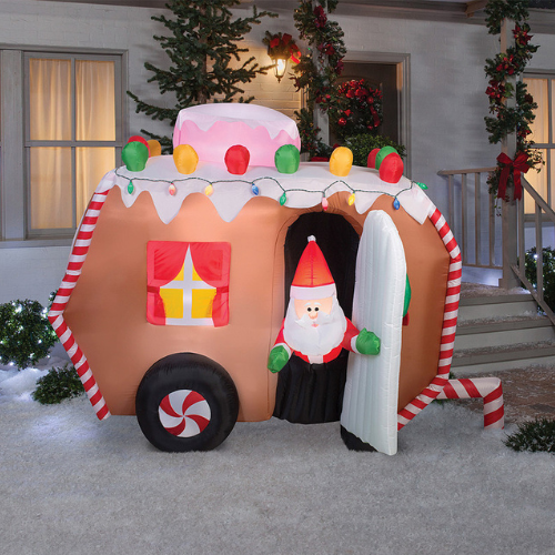 Animated Gingerbread Trailer Inflatable With Santa Claus Christmas Prop Lights - Afbeelding 1 van 2