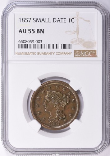 1857 *Small Date* Braided Hair LARGE CENT *NGC AU 55BN* Super RARE *FREE SHIP!!! - Picture 2 of 6
