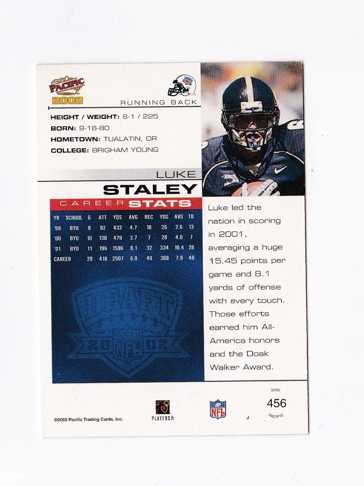 2002 Pacific #456 Luke Staley RC Detroit Lions BYU - Image 2 of 2