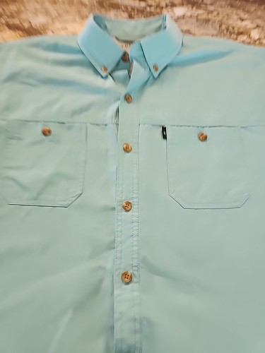 G H Bass & Co Shirt Mens Large Aqua Blu/Grn Solid SS Button Up Cotton Blend - Picture 2 of 13