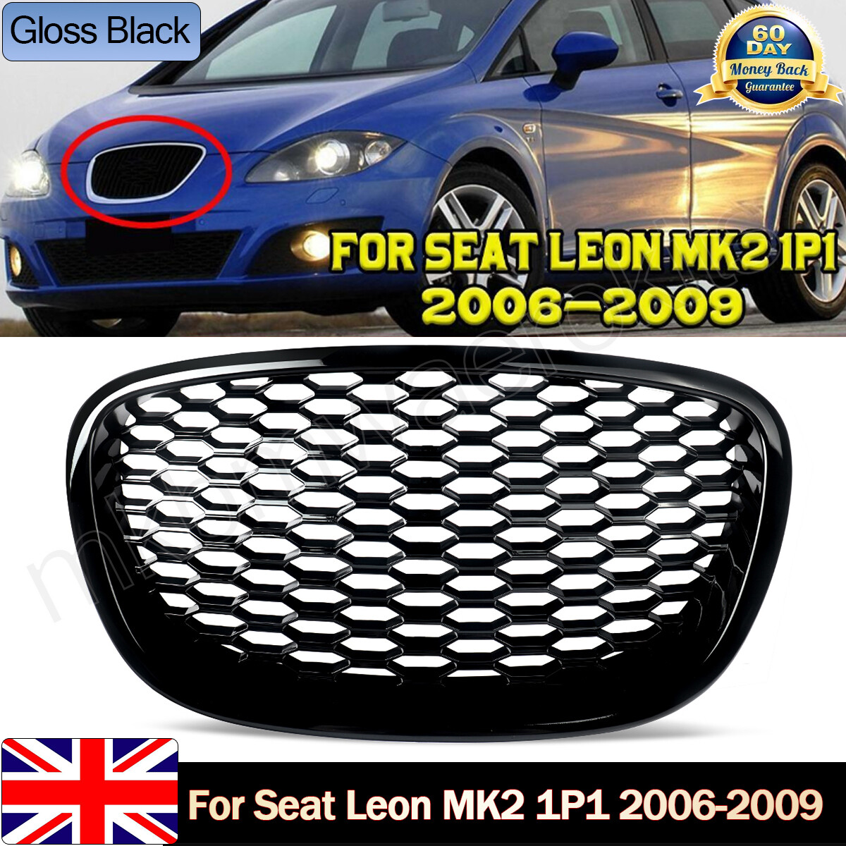 Honeycomb Front Kidney Grille Hood Grill For Seat Leon MK2 1P1 06-09 Gloss Black