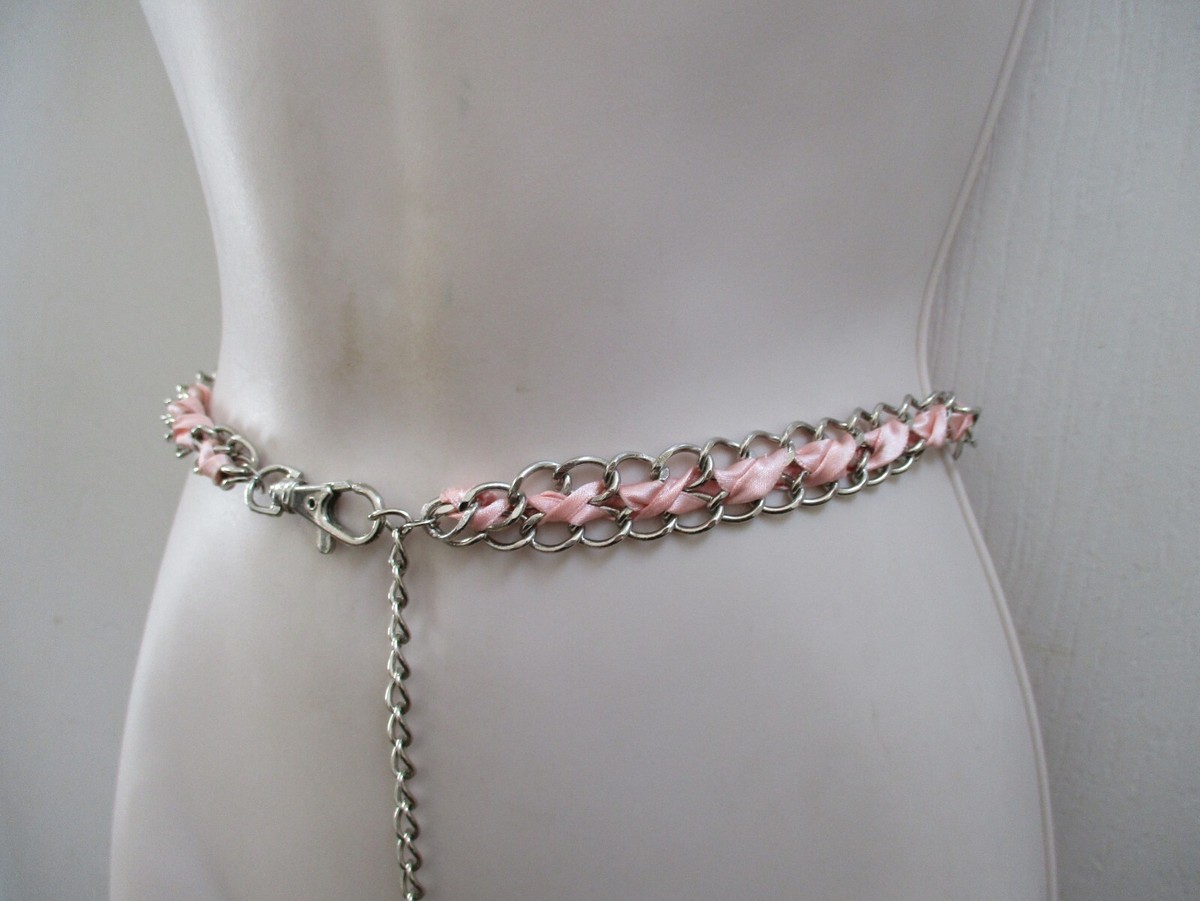 Vintage Y2K Silver Chain Belt Pink Satin Ribbon Coquette Balletcore Adjustable Coquette Balletcore Bracelet, Cluster Charm Jewelry, Bows  main image 2