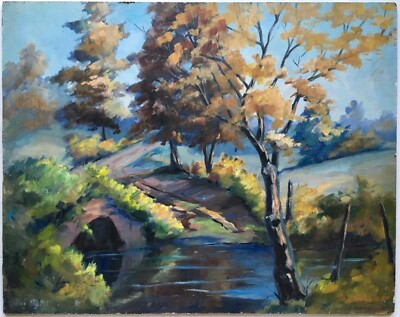 Mid Century 40s/50s Original Forest Lake Landscape Oil Painting Signed E. Owen