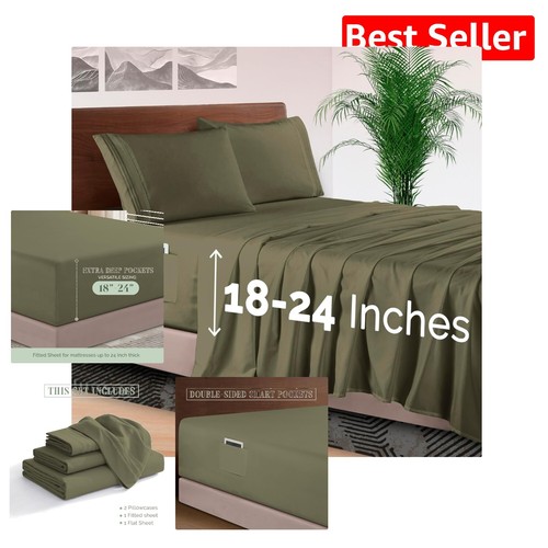 1500 Thread Count Microfiber Bed Sheet Set - Wrinkle-Free, Sage Green, Cal King