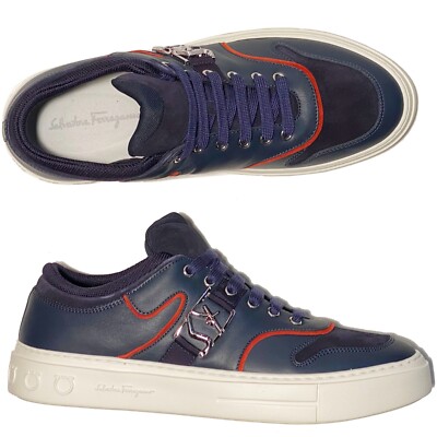 New Ferragamo NORIS Blue Navy Leather Low Top 12 M/D Men Shoes Sneakers Fashion
