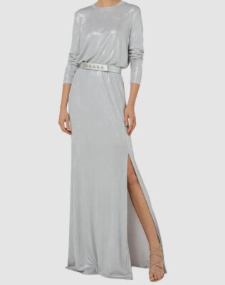 $2990 Akris Women's Silver Belted Metallic Jersey Gown Dress Size 8