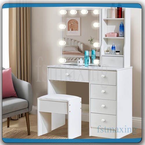 White Dressing Table With Makeup Mirror & LED Bulbs 6 Drawers Stool Vanity Desk - Picture 5 of 13