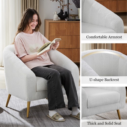 Teddy Fur Accent Chair Barrel Boucle Cream Modern Home Living Seating Furniture - Picture 6 of 58