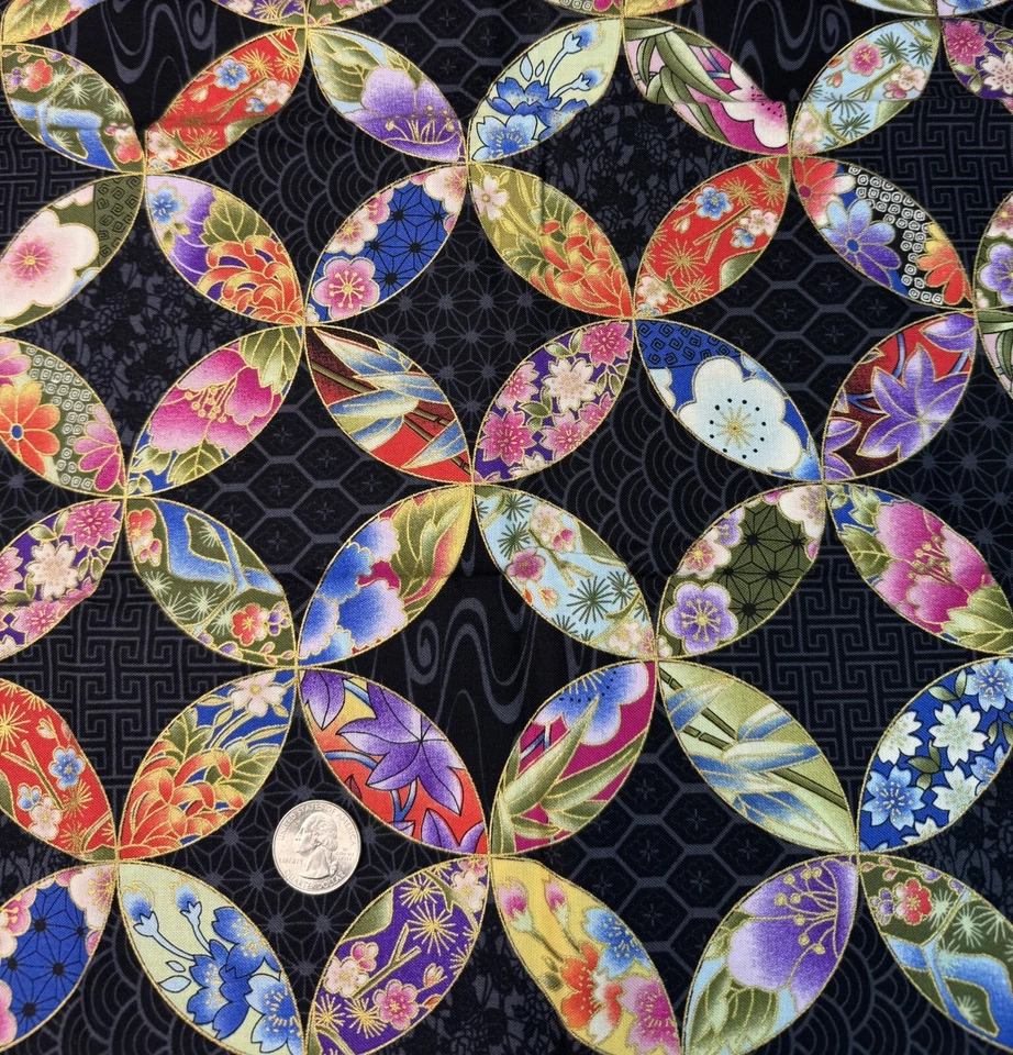 Faye Burgos Marcus Brothers Oriental Asian Metallic Black Cotton Fabric 1/2 Yard - Image 2 of 2