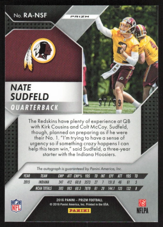 2016 Panini Prizm Rookie Auto Purple Scope Nate Sudfeld /99 Washington Redskins - Image 2 of 2