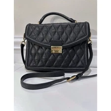 Vera Bradley Black Quilted Leather Convertible Satchel Crossbody Gold Hardware