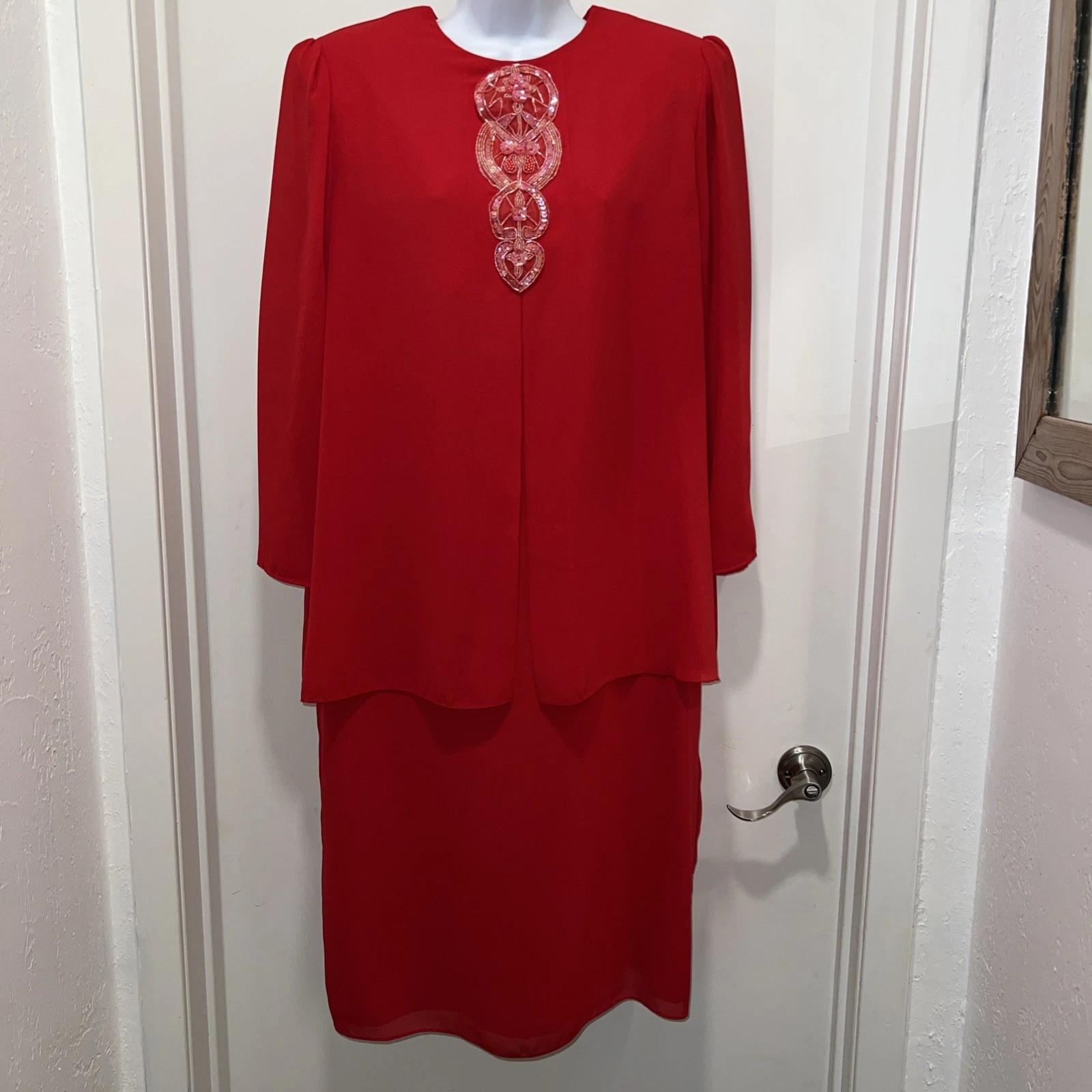 Vtg 80s Florentine Classic Beaded Front Red Suit Dress SZ 14 GORGEOUS!!!