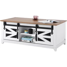 Uimoso 48" Farmhouse Coffee Table 2-tier Rectangle Table with Sliding Barn Doors