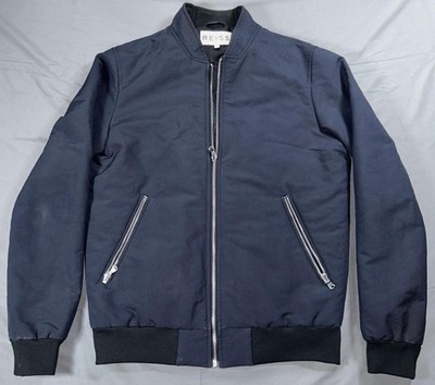 Reiss Jacket Mens Small Blue Ryan Bomber Full Zip Lined Casual Pockets Polyester
