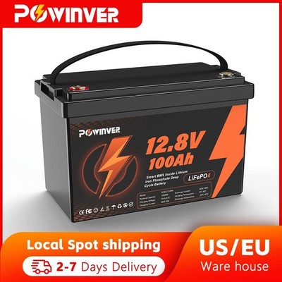 POWINVER 12V 100Ah Lithium LiFePO4 Battery 8000+ Deep Cycle for Solar RV Marine
