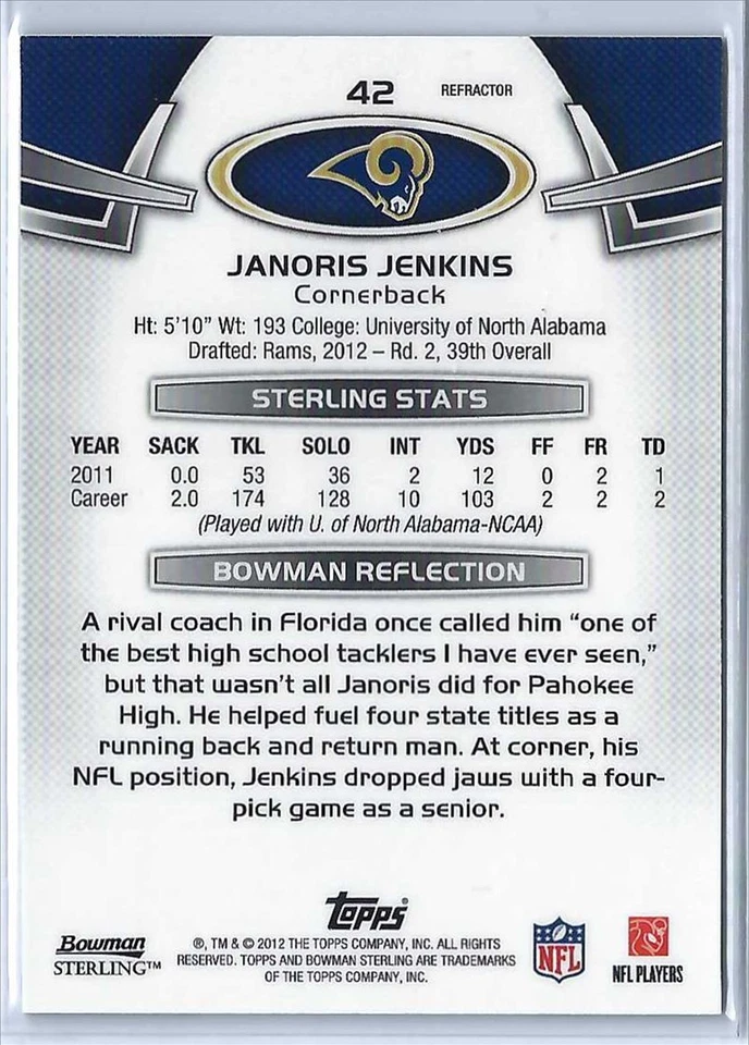 2012 Bowman Sterling Gold Refractors Janoris Jenkins RC /50 #42 - Image 2 of 2