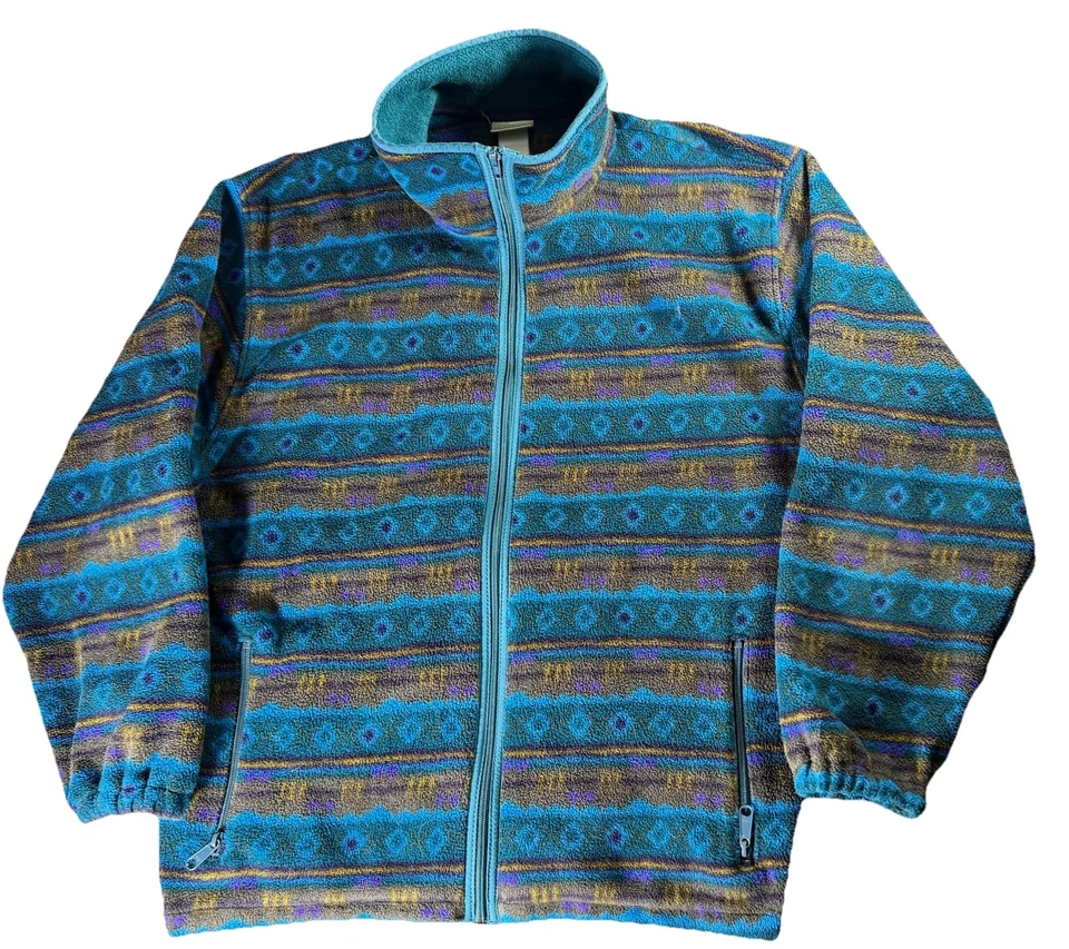 Chaqueta polar de colección años 90 LL Bean Southwestern Azteca Tribal AOP cremallera completa marrón azul Foto 2 de 4