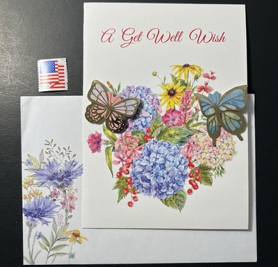 3D Butterflies & Floral GET WELL CARD with Decorated Env/Stamp