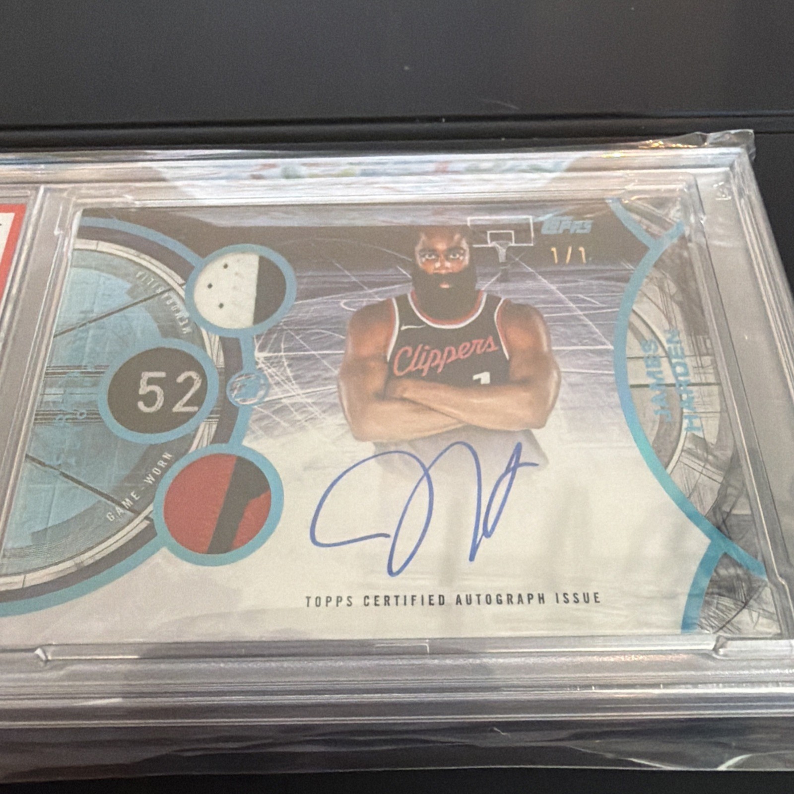 2025 Topps 3 Basketball James Harden Game Worn 3 Patch Auto 1/1 Platinum PSA 8 view 8