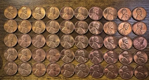 1958 Lincoln Wheat Cent Penny Red One (1) Uncirculated Roll With 50 Coins