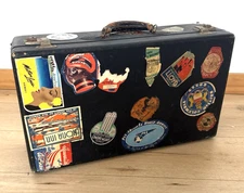 Antique Travel Suitcase 1930s w  worn Luggage Labels Pan Am Air Hotel  Stickers