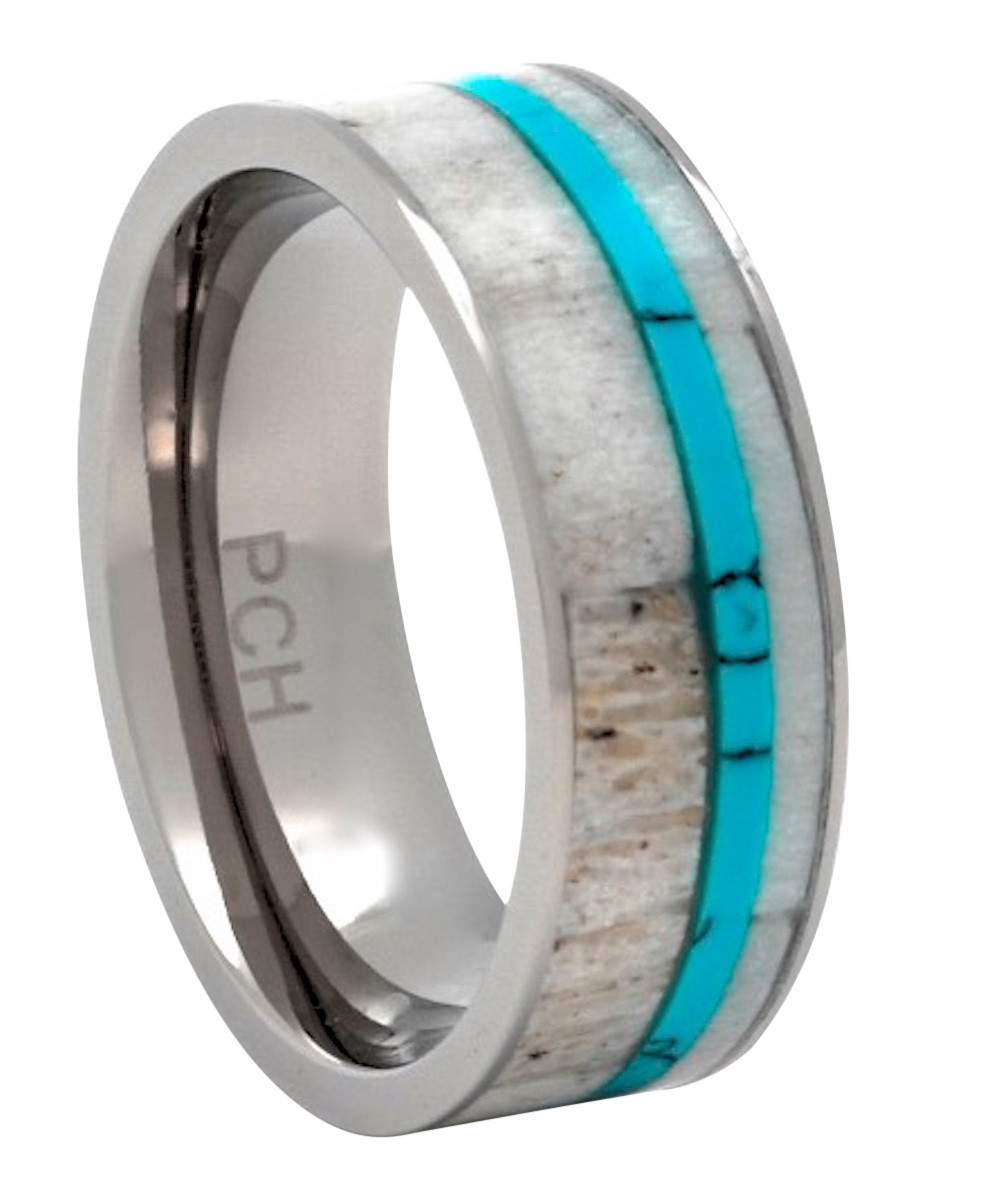 Titanium Deer Antler Wedding Band with Turquoise Inlay 8mm Comfort Fit-image
