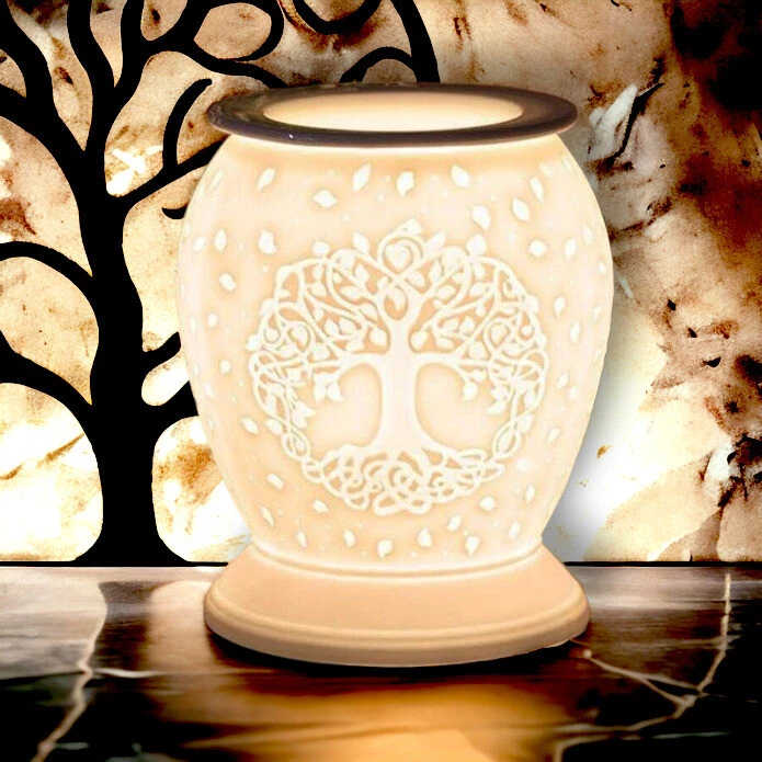 Aroma Lamp Oil Burner Wax Tree Of Life White Ceramic Satin Finish
