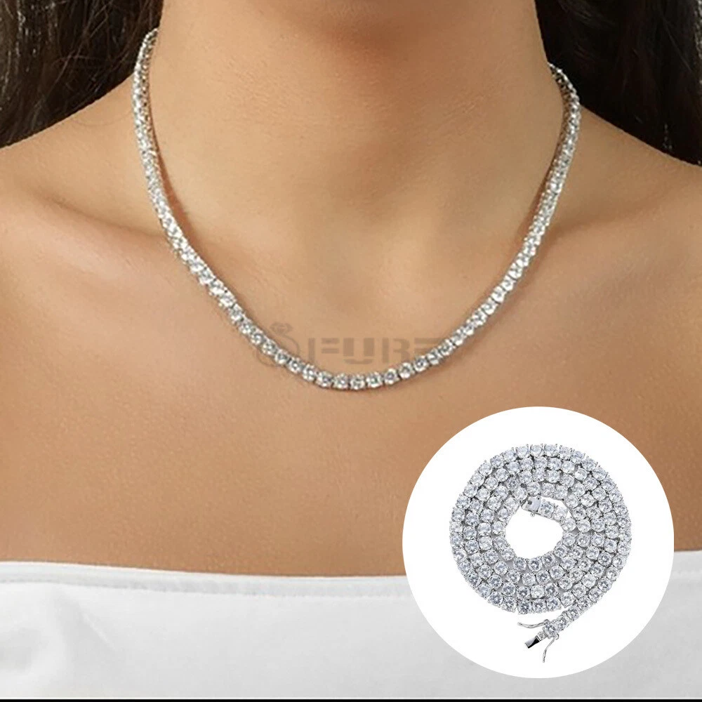 Diamond Iced Out Tennis Chain 4MM Round Silver Stainless Steel 18 inch Necklace
