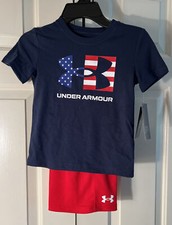 NEW NWT Under Armour Board Shorts T Shirt American Flag Freedom Set Kids Size 4