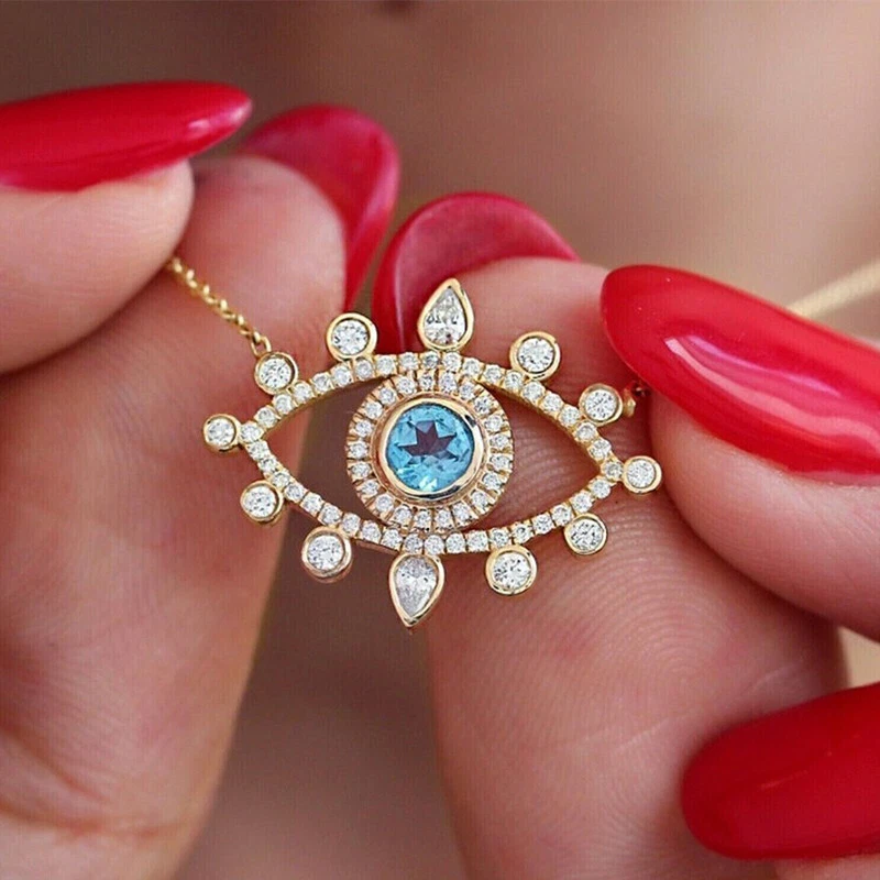 Colgante Mal de Ojo Topacio Azul Corte Redondo 2Ct con Cadena Gratis Acabado Oro Amarillo 14k Foto 3 de 4