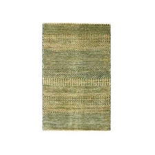 2'x3' Golden Brown Modern Grass Design Hand Knotted Wool and Silk Mat Rug R76462