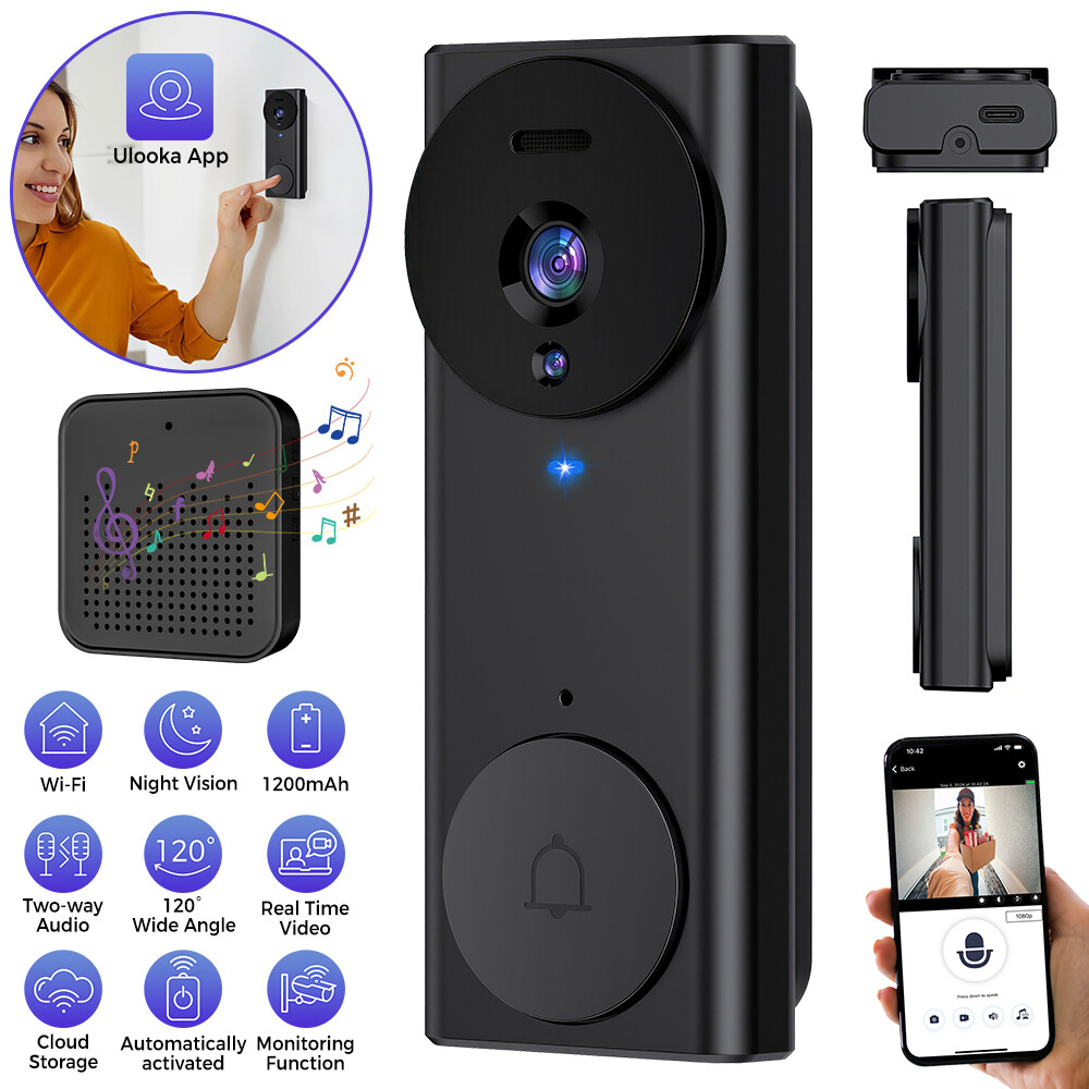 Wireless Doorbell Camera with Ring Chime Night Vision, 2-Way Audio 2.4G WiFi-image