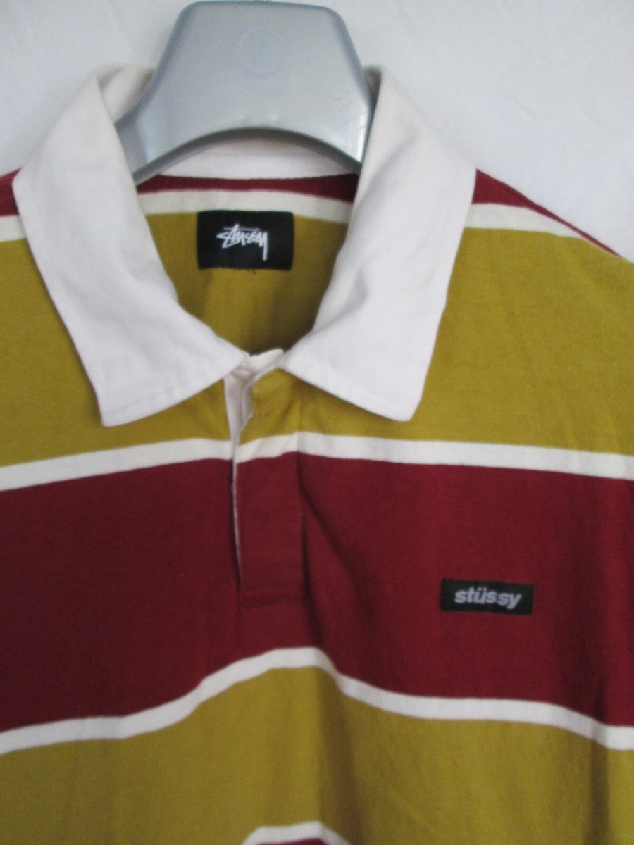 STUSSY Men's Cotton Striped Long Sleeve Rugby Polo Shirt STUSSY Men's Cotton Striped Long Sleeve Rugby Polo Shirt